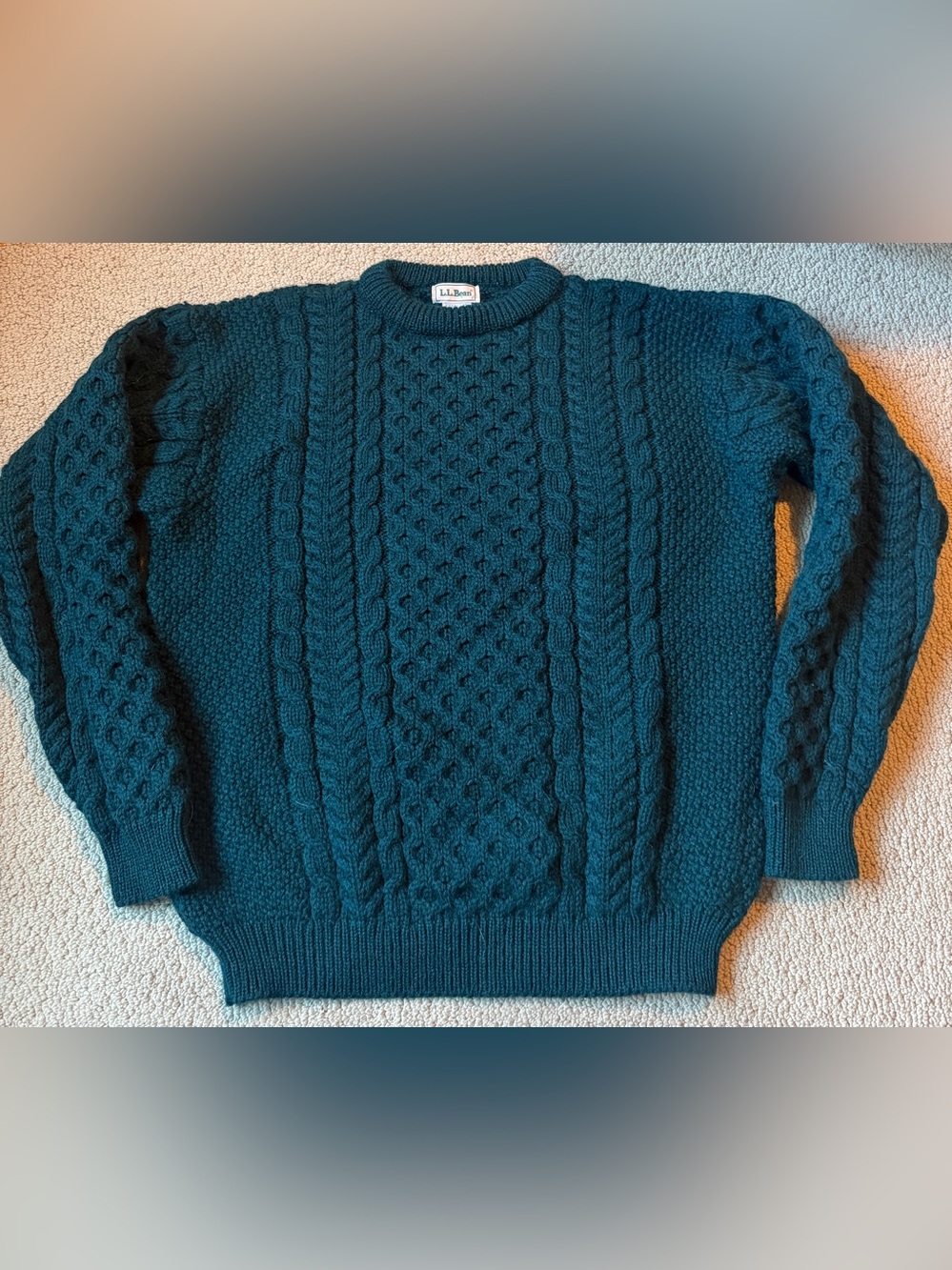 Vintage LL BEAN Sweater Mens Tall L Fisherman Wool Cable Knit Made in Ireland